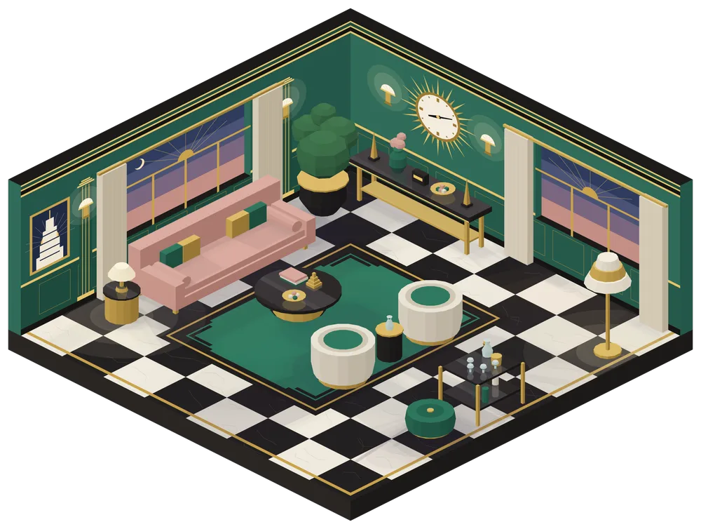 The salon at dusk
