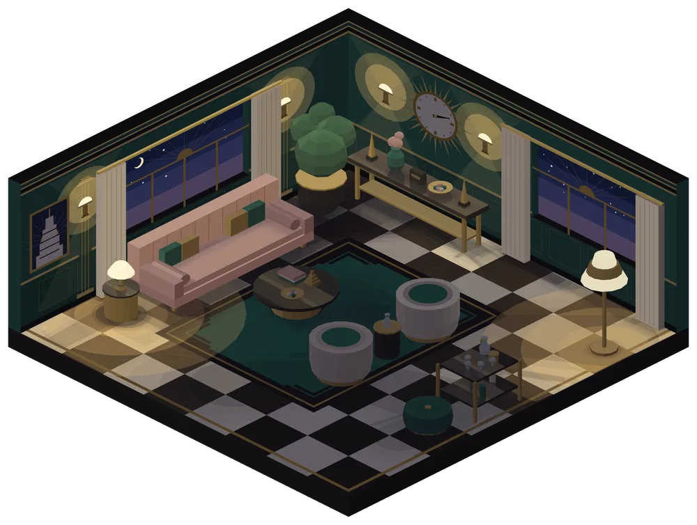 The salon at night