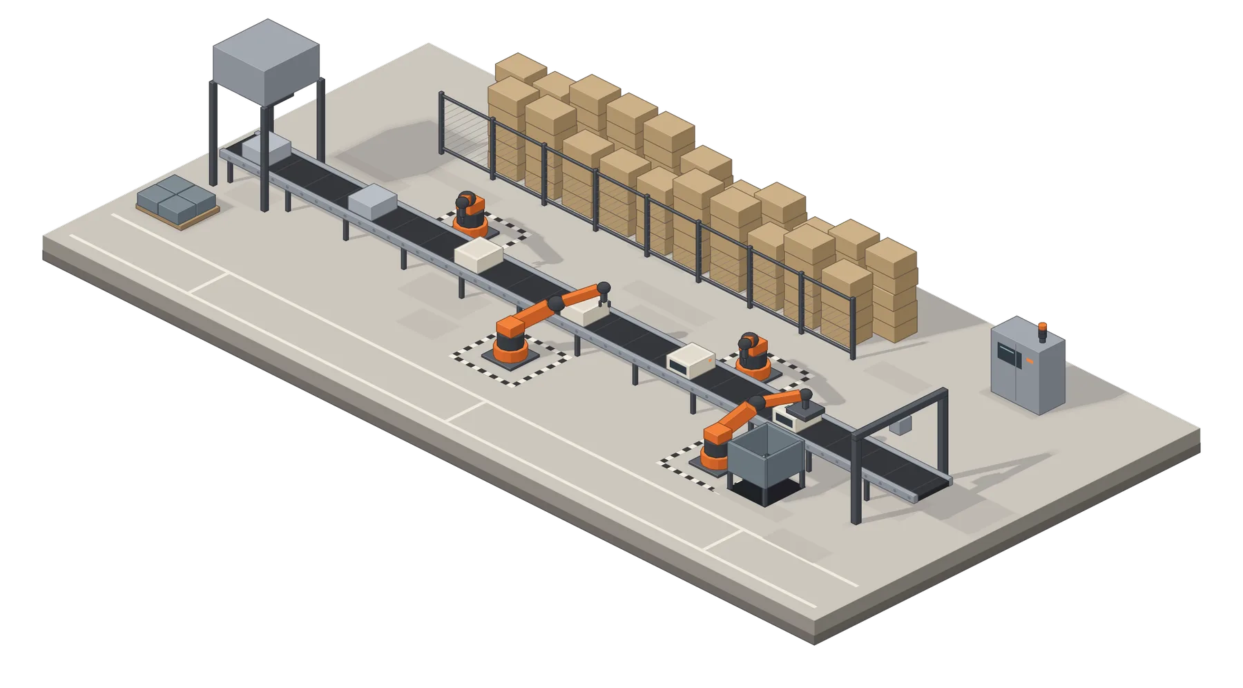 The assembly line: belt, hopper, four orange robots, stacked crates