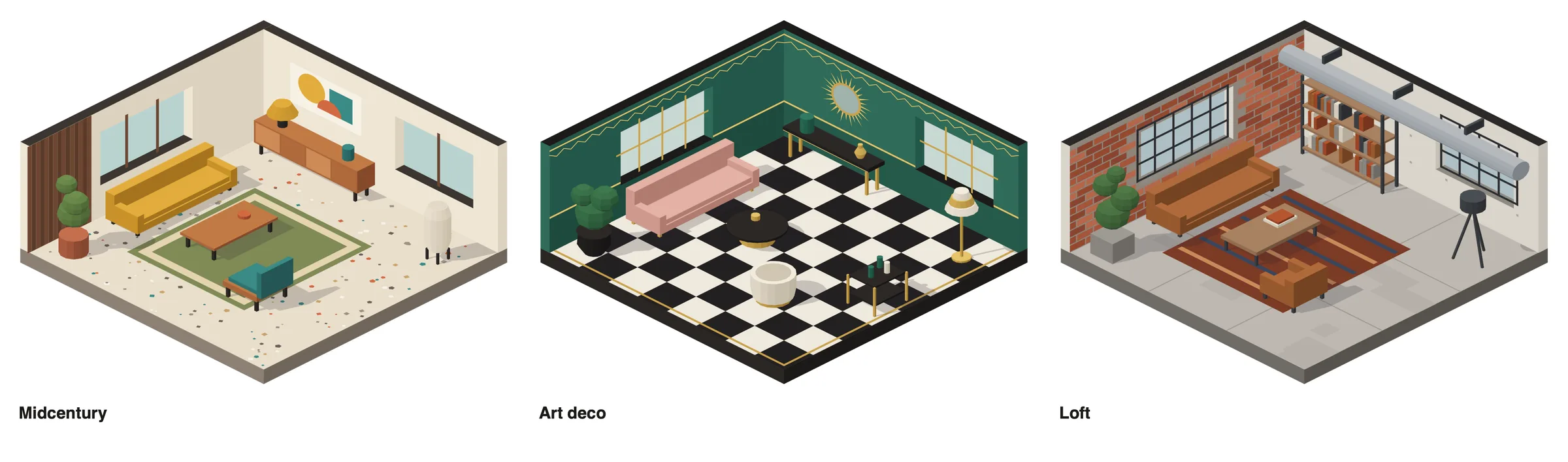 One room shell in three palettes: midcentury, art deco, loft