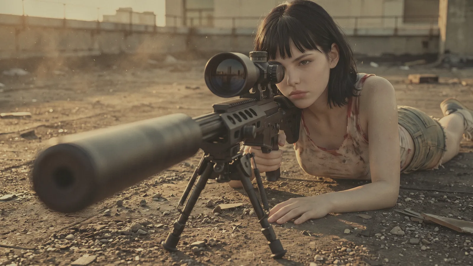 A young woman lying prone on a dusty rooftop at sunset, sighting down a scoped rifle on a bipod
